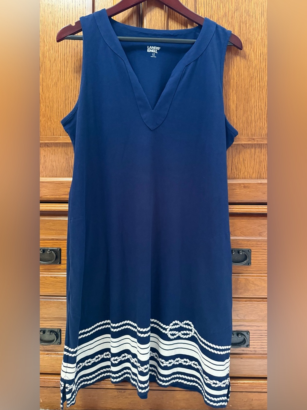 Lands' End Sleeveless Nautical Rope Shift Dress Pockets Jersey Notched Neck Knit